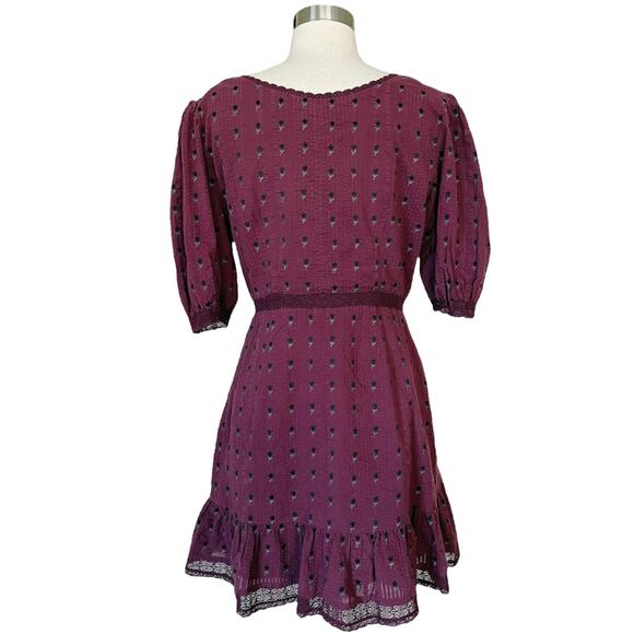 LOVESHACKFANCY Lena Dress Short Puff Sleeves Burgundy Floral Bow V-Neck Medium - Picture 2 of 10